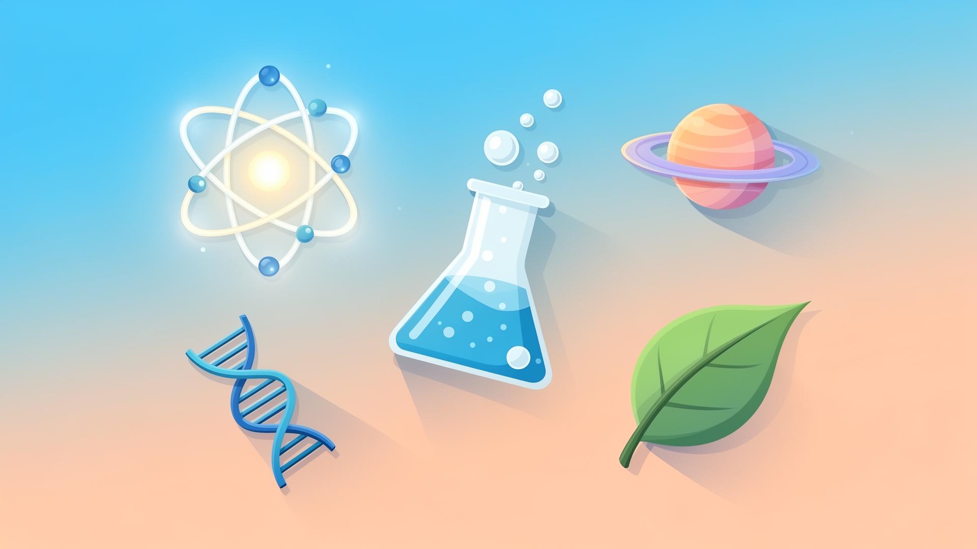 Atom, DNA, flask, planet and leaf — science illustration